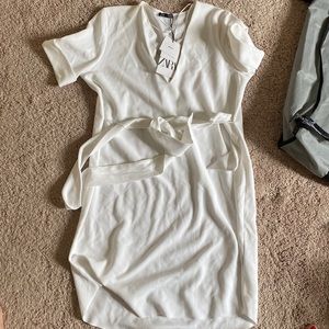 Zara White TShirt Dress with Tie
